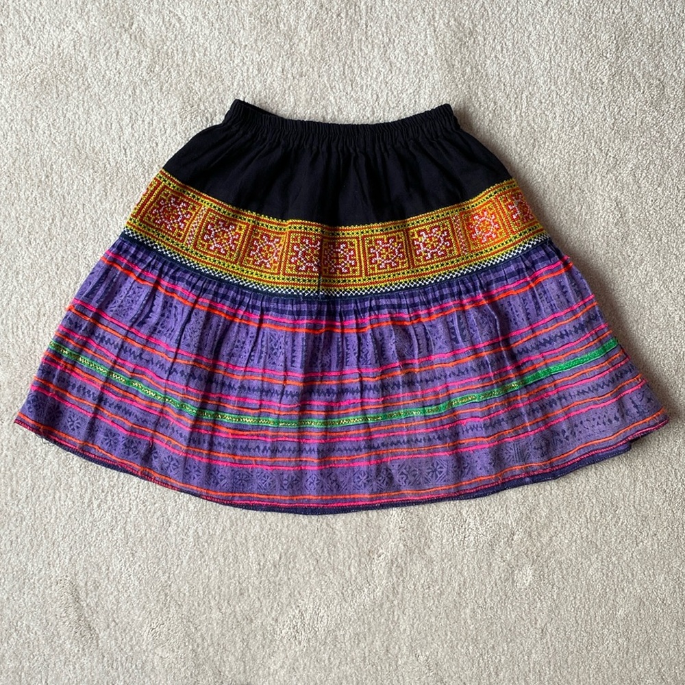 Vintage Handmade Hmong Cross-Stitch Embroidered Cotton Peasant Skirt Sz Small